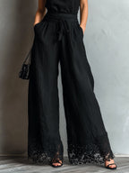 Black Faux Cotton-linen Halter Neck Vest With Tie-up Lace-trimmed Wide-leg Pants Set