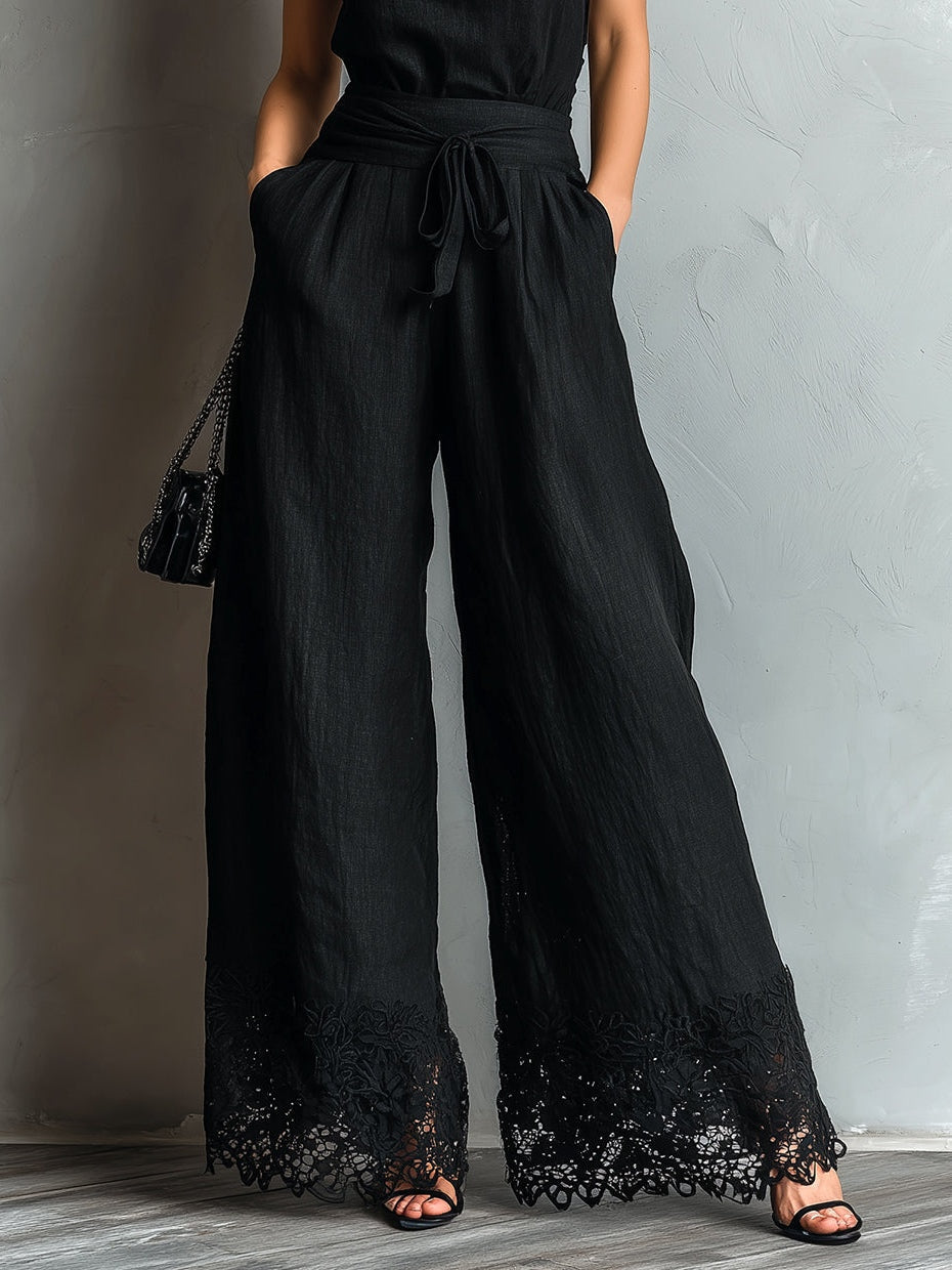 Black Faux Cotton-linen Halter Neck Vest With Tie-up Lace-trimmed Wide-leg Pants Set
