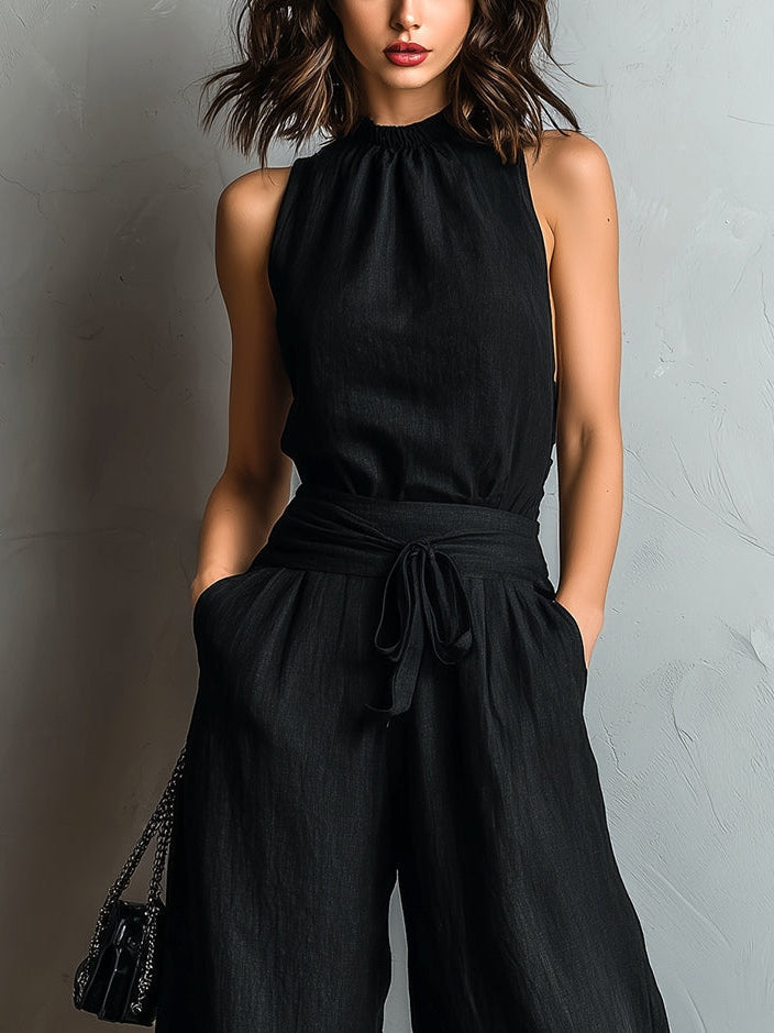 Black Faux Cotton-linen Halter Neck Vest With Tie-up Lace-trimmed Wide-leg Pants Set