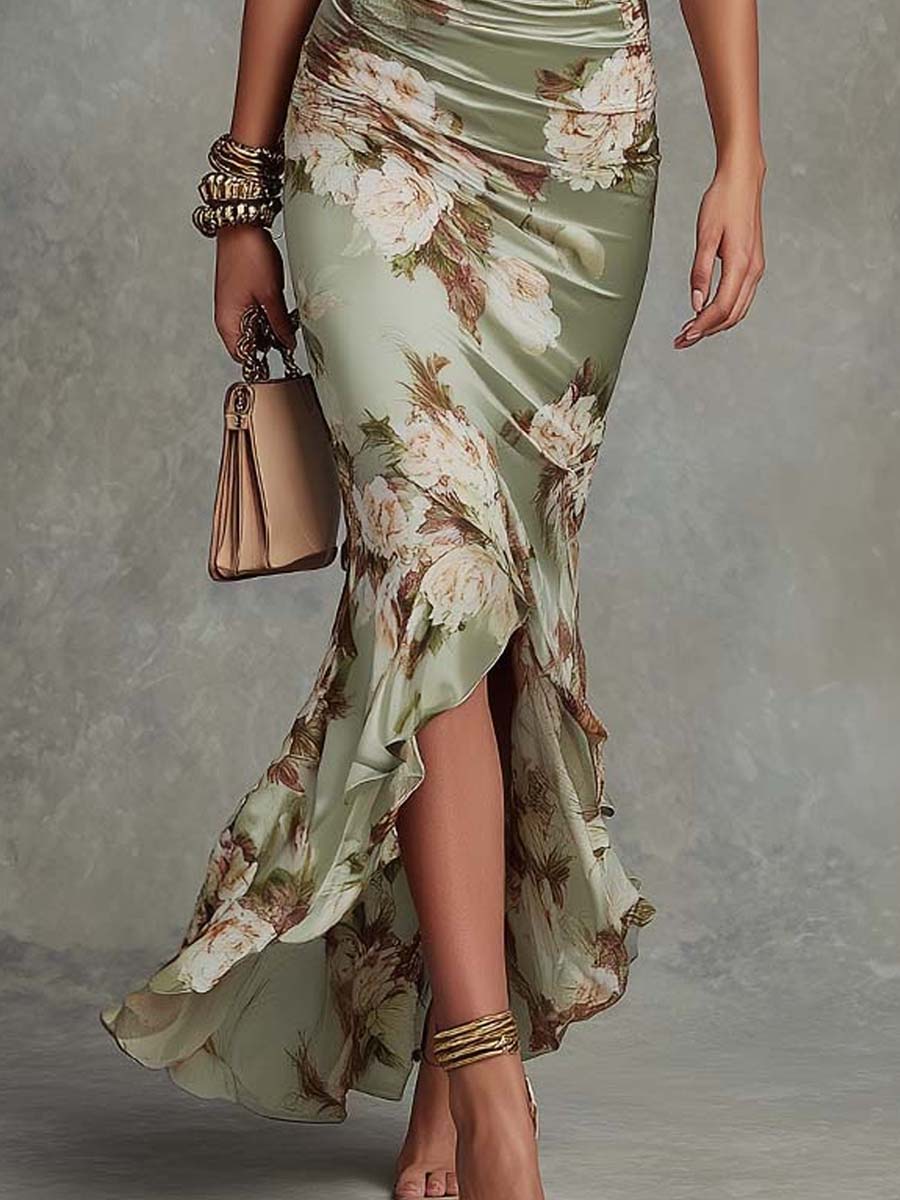 Green Floral Ruffled Bell Sleeve V-neck Satin Asymmetrical Maxi Dress