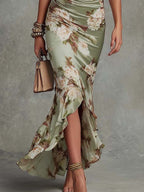 Green Floral Ruffled Bell Sleeve V-neck Satin Asymmetrical Maxi Dress