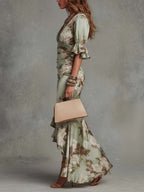 Green Floral Ruffled Bell Sleeve V-neck Satin Asymmetrical Maxi Dress