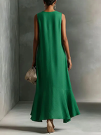 Green Faux Cotton-linen V-neck Sleeveless Maxi Dress