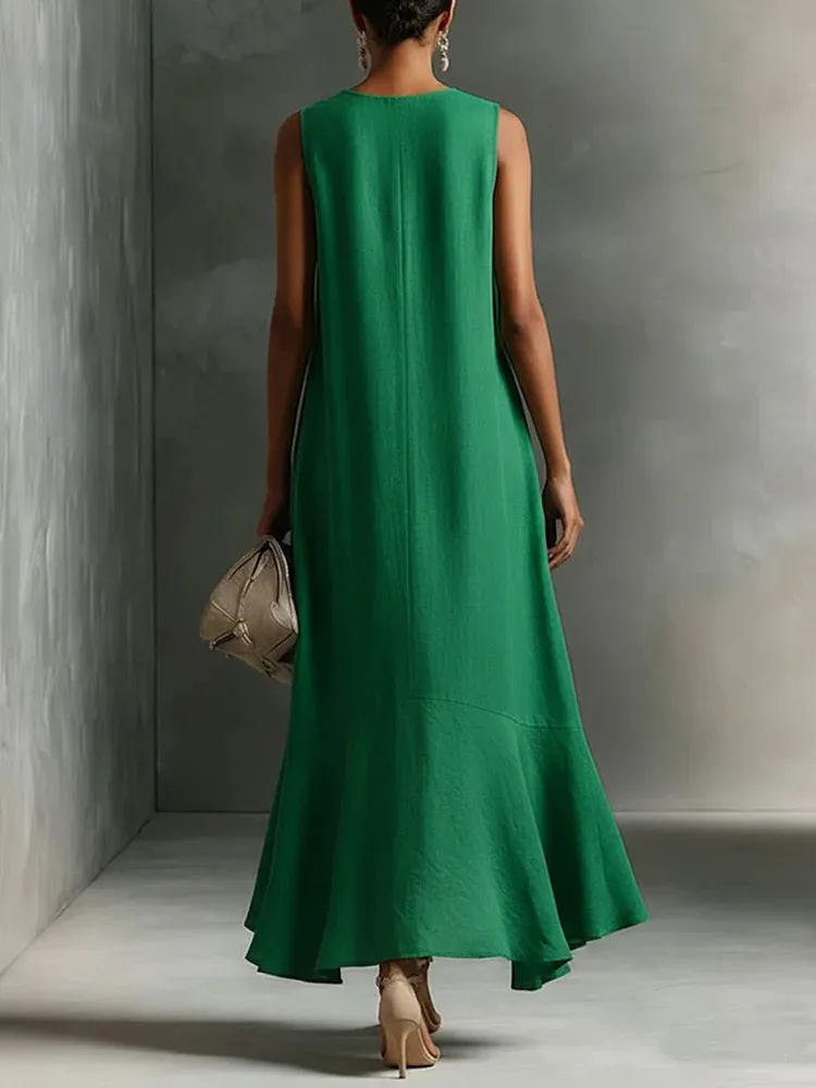 Green Faux Cotton-linen V-neck Sleeveless Maxi Dress