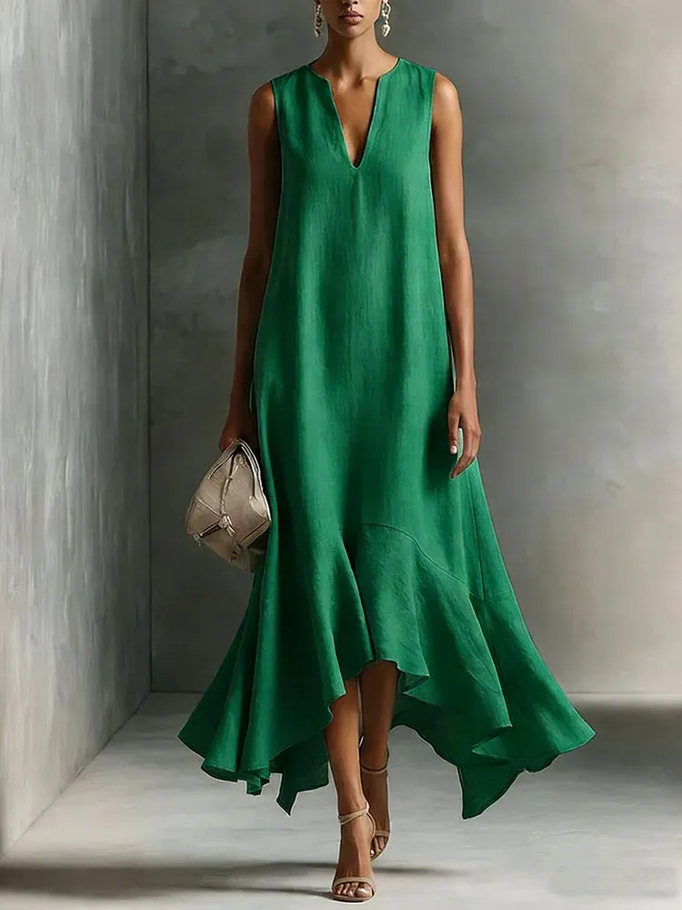 Green Faux Cotton-linen V-neck Sleeveless Maxi Dress