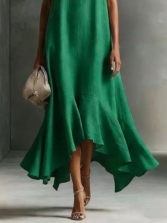 Green Faux Cotton-linen V-neck Sleeveless Maxi Dress