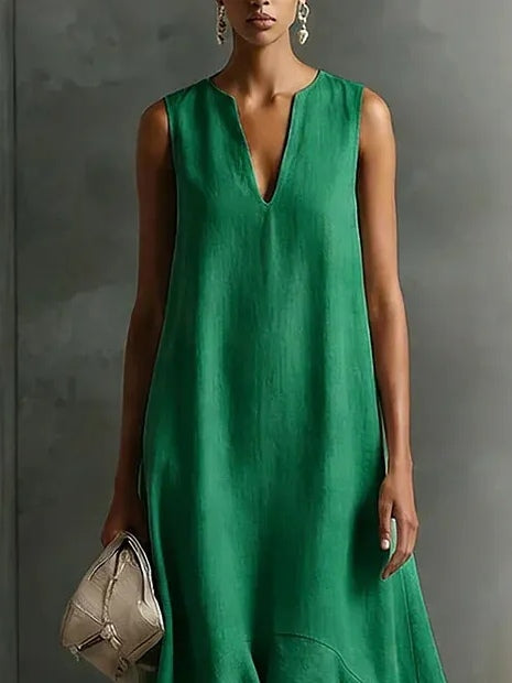 Green Faux Cotton-linen V-neck Sleeveless Maxi Dress
