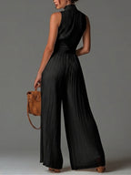 Black V-neck Sleeveless Zip-up Pleated Wide-leg Chiffon Jumpsuit