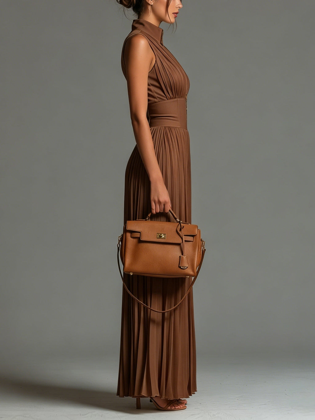 Brown V-neck Sleeveless Zip-up Pleated Wide-leg Chiffon Jumpsuit