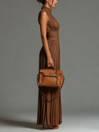 Brown V-neck Sleeveless Zip-up Pleated Wide-leg Chiffon Jumpsuit