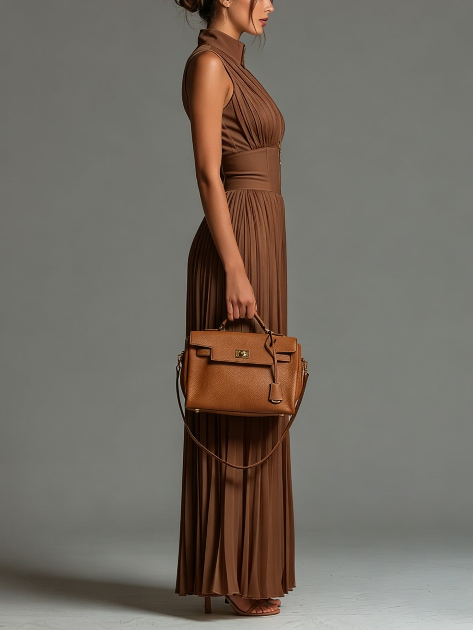 Brown V-neck Sleeveless Zip-up Pleated Wide-leg Chiffon Jumpsuit