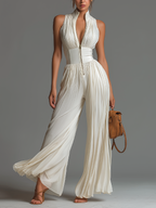 White V-neck Sleeveless Zip-up Pleated Wide-leg Chiffon Jumpsuit