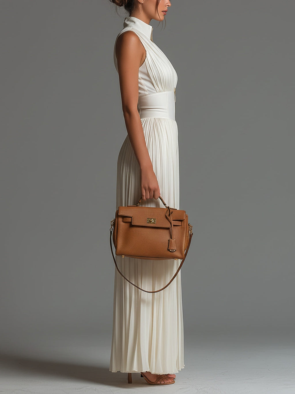 White V-neck Sleeveless Zip-up Pleated Wide-leg Chiffon Jumpsuit