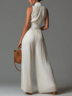 White V-neck Sleeveless Zip-up Pleated Wide-leg Chiffon Jumpsuit