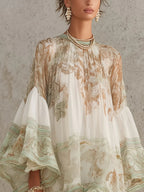 Green Print Ruffle Hem Flounce Sleeve Chiffon Mini Dress