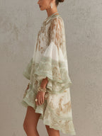 Green Print Ruffle Hem Flounce Sleeve Chiffon Mini Dress