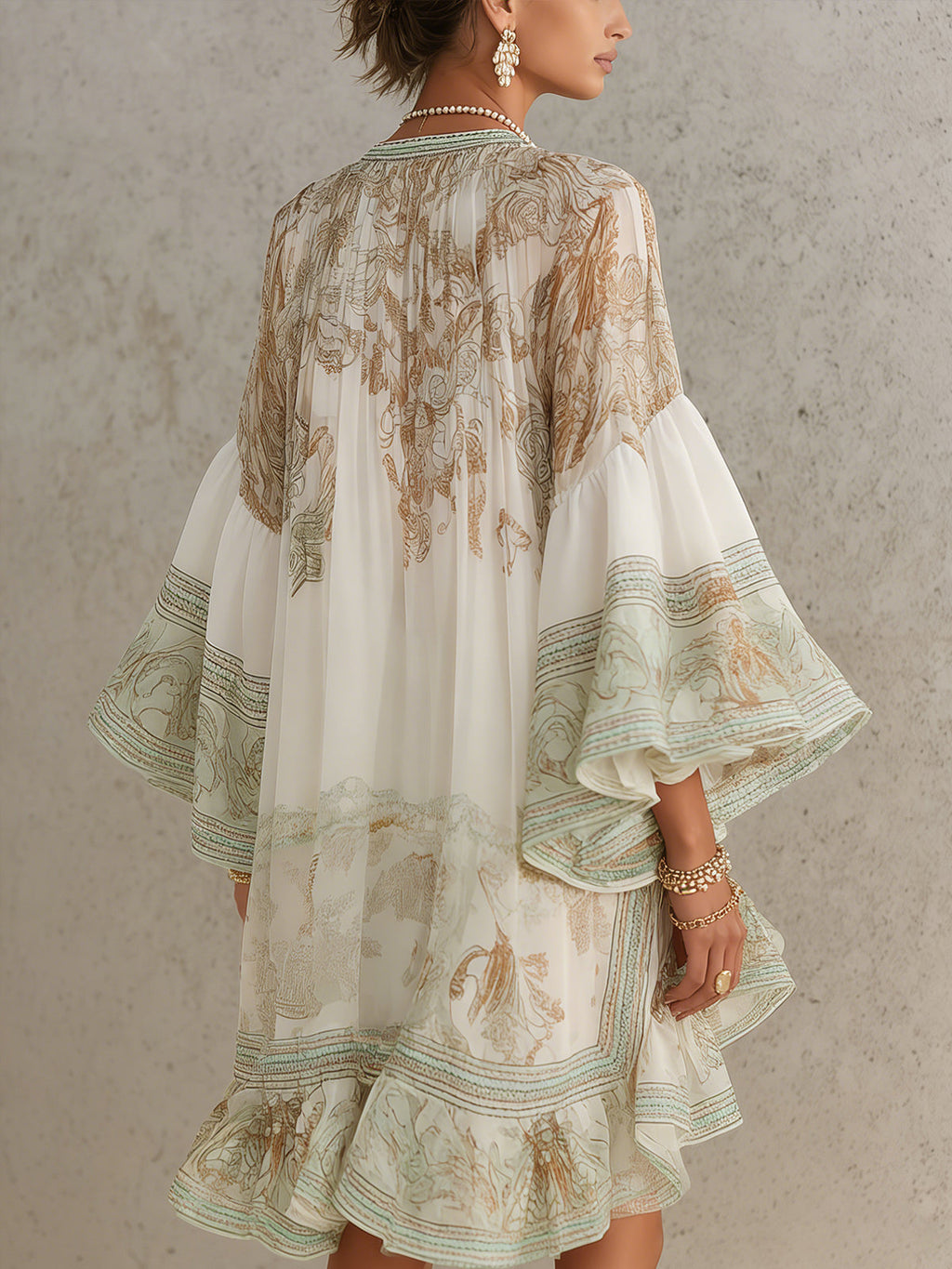 Green Print Ruffle Hem Flounce Sleeve Chiffon Mini Dress