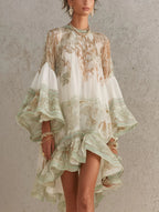 Green Print Ruffle Hem Flounce Sleeve Chiffon Mini Dress