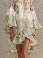 Green Print Ruffle Hem Flounce Sleeve Chiffon Mini Dress