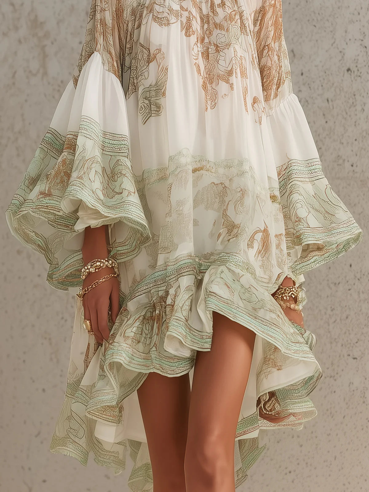 Green Print Ruffle Hem Flounce Sleeve Chiffon Mini Dress