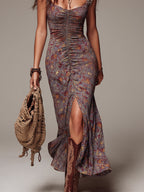 Grayish-purple Pleated Floral Print Slit Maxi Dress