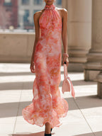 Pink Floral Print Halter-neck Chiffon Maxi Dress