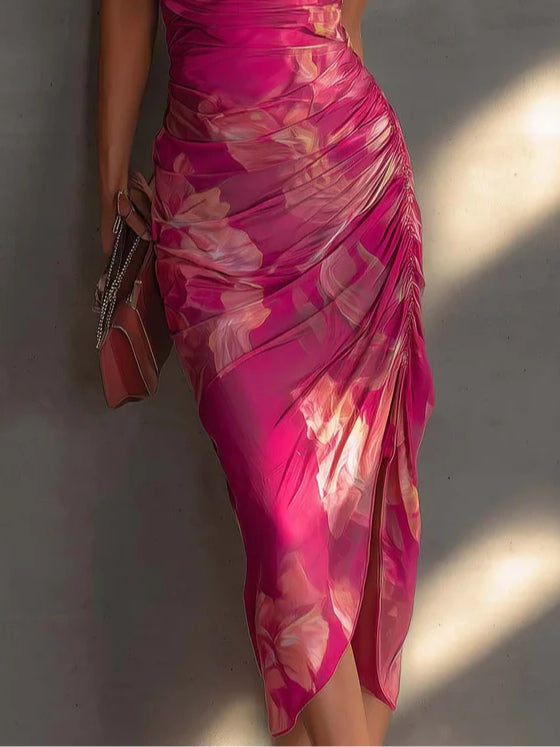 Fuchsia Floral Print Sleeveless Ruched Side Split Bodycon Dress