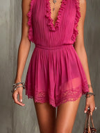 Fuchsia Ruffle Trim Pleated Chiffon Lace Jumpsuit