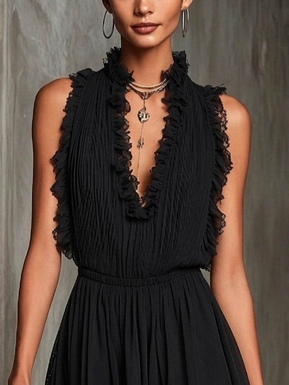 Black Ruffle Trim Pleated Chiffon Lace Jumpsuit