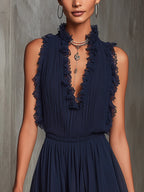 Navy Ruffle Trim Pleated Chiffon Lace Jumpsuit
