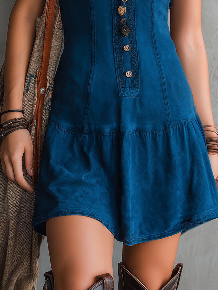 Bohemian Indigo V-Neck Button-Down Sleeveless Mini Dress