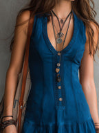 Bohemian Indigo V-Neck Button-Down Sleeveless Mini Dress
