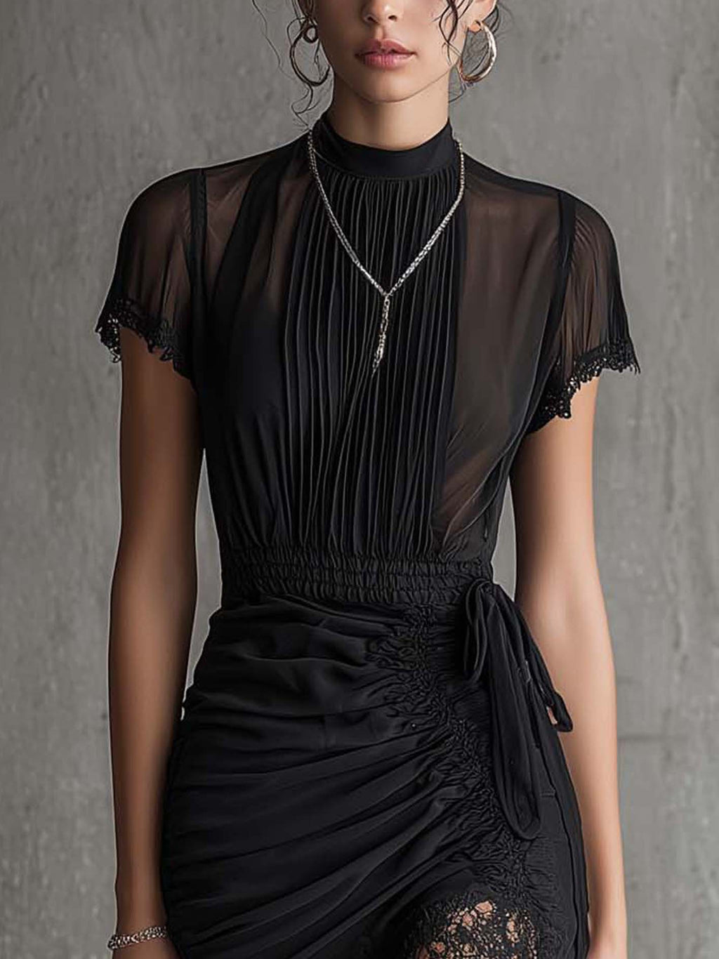Black Chiffon Pleated Waist Lace-trimmed Mini Dress