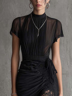 Black Chiffon Pleated Waist Lace-trimmed Mini Dress
