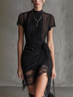 Black Chiffon Pleated Waist Lace-trimmed Mini Dress