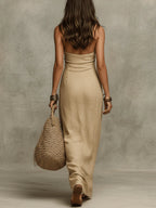 Soft Drape Halter Column Faux Linen Halter Maxi Dress