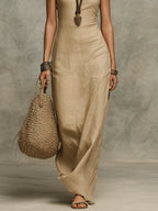 Soft Drape Halter Column Faux Linen Halter Maxi Dress
