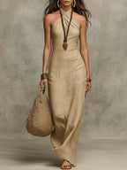 Soft Drape Halter Column Faux Linen Halter Maxi Dress
