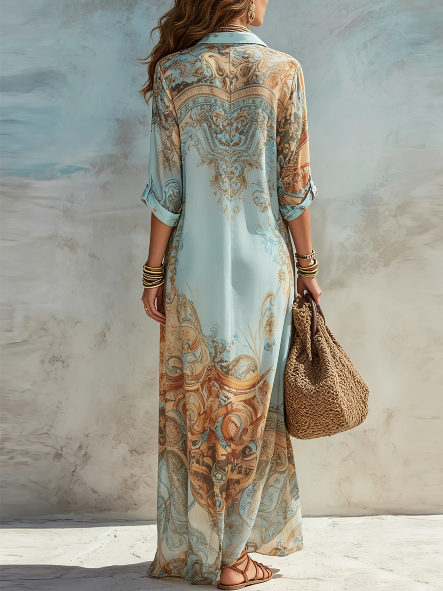 Vacation Blue Floral Print Shirt Maxi Dress