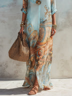 Vacation Blue Floral Print Shirt Maxi Dress