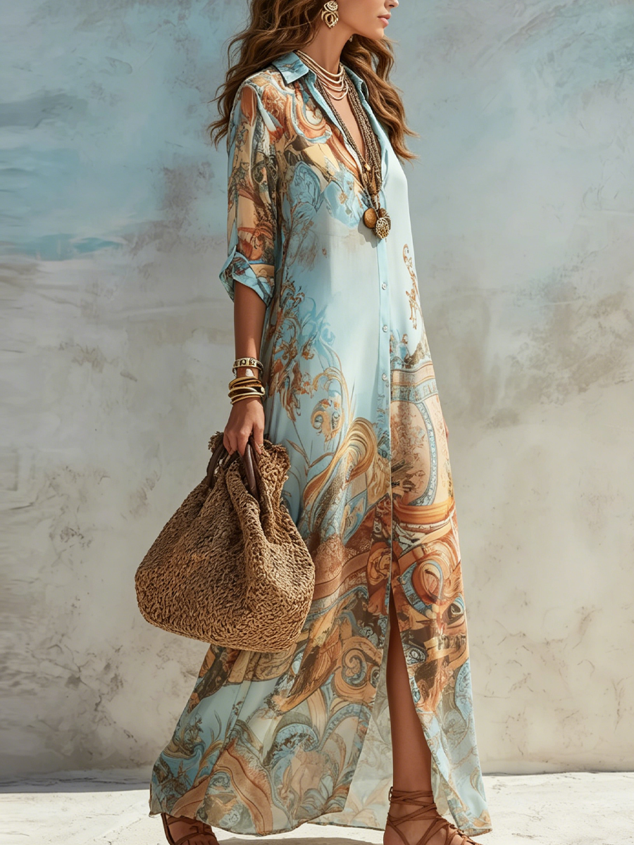 Vacation Blue Floral Print Shirt Maxi Dress