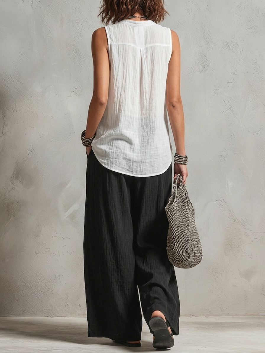 Minimalist Layered Vest Cardigan And Wide-leg Pants Three-piece Set