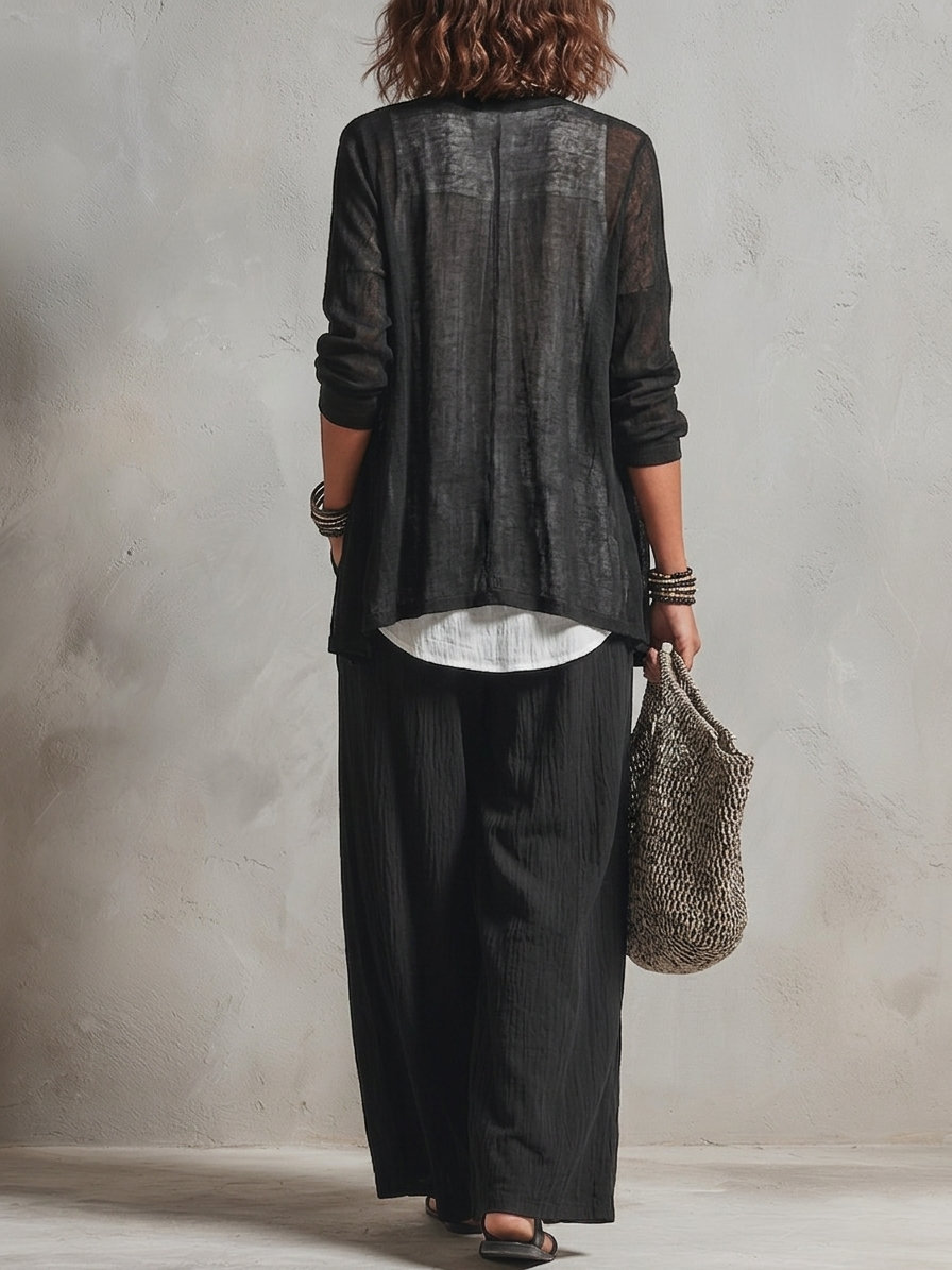 Minimalist Layered Vest Cardigan And Wide-leg Pants Three-piece Set