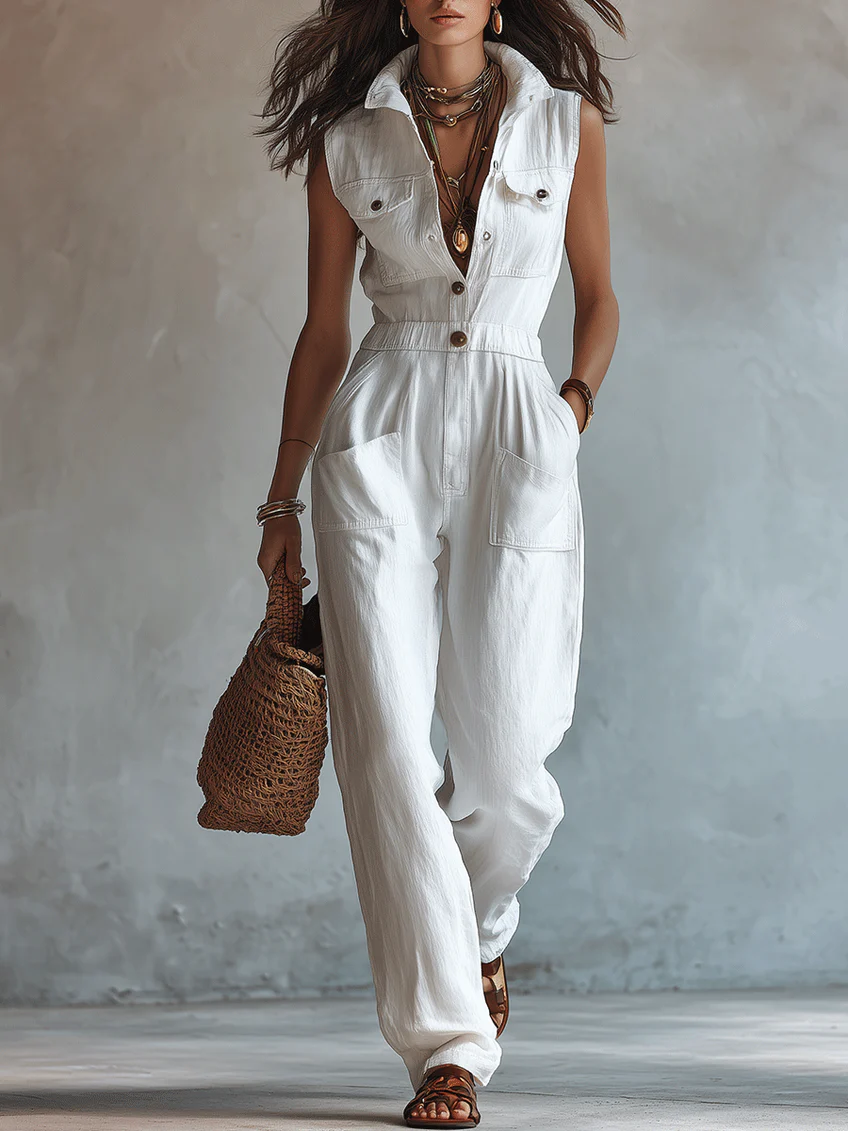 White Sleeveless Faux Cotton-linen Jumpsuit