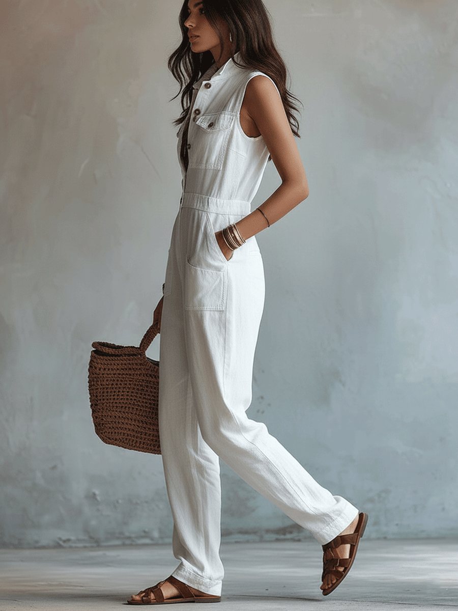 White Sleeveless Faux Cotton-linen Jumpsuit