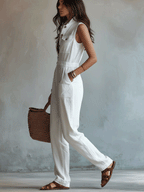 White Sleeveless Faux Cotton-linen Jumpsuit