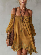 Yellow Chiffon Floral Off Shoulder Mini Dress