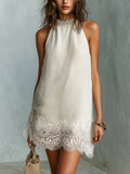 Chic Off-white Lace-trimmed Halter Neck Mini Dress