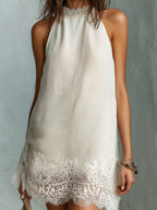 Chic Off-white Lace-trimmed Halter Neck Mini Dress