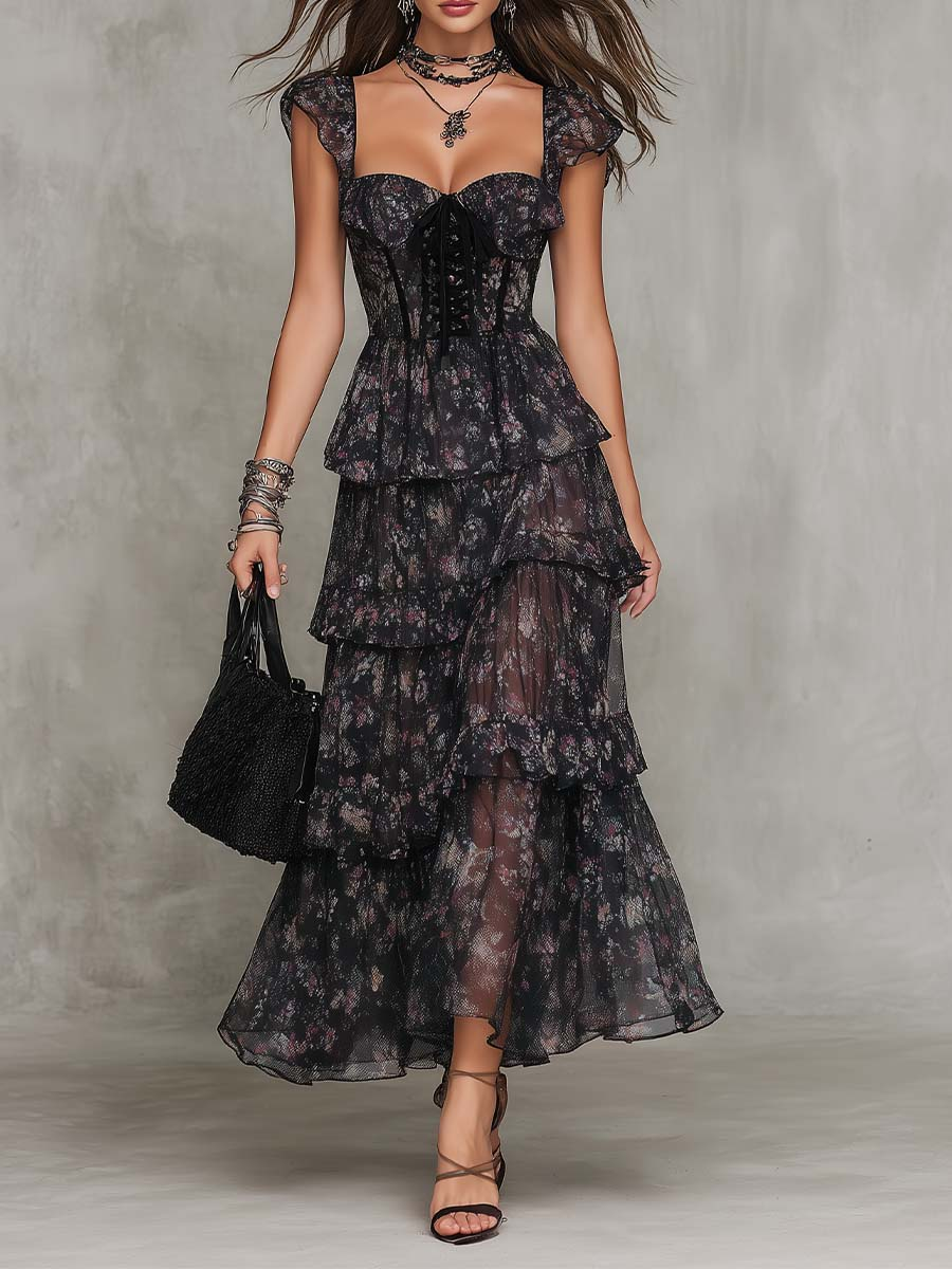 Gothic Floral Corset Tiered Chiffon Maxi Dress